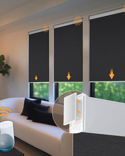 Motorized Blinds No Drill Automatic Blinds for Windows Cordless Roller Shades Electric Blinds with Remote Control Smart Blinds (Black, 29 x 72)