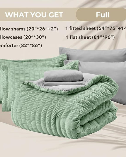 HYMOKEGE Sage Green/Light Grey Full Size Comforter Sets Seersucker 7 Pieces, All Season Luxury Bed in a Bag for Bedroom, Bedding Set with Comforter, Sheets, Pillowcases & Shams