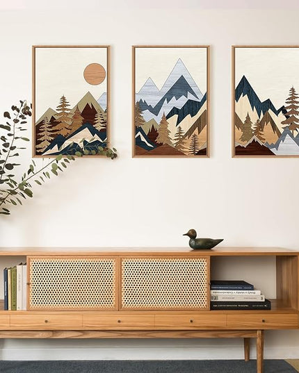 HOURIA Mid Century Mountain Woodland Framed Wall Art Set,Boho Sunrise Pine Tree Wall Decor,Wilderness Nature Forest Artwork,Modern Woodcut Field Art Print for Living Room,Bedroom,Office- 16"x24"x3