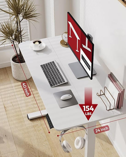 SANODESK Electric Standing Desk 40x24 Inch Height Adjustable Stand Up Desk Home Office Computer Workstation Sit Stand Home Office Desk with Splice Board (White Frame + White Top)