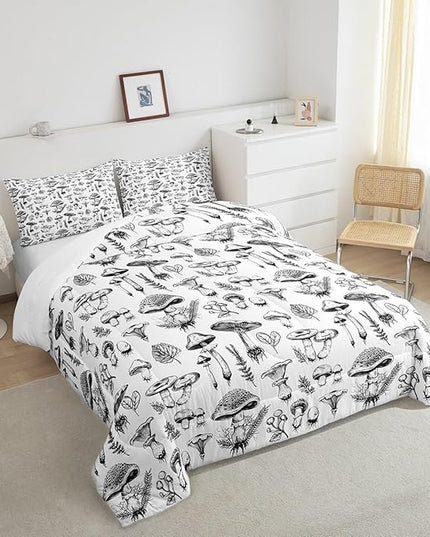 Mushroom Kids Comforter Set King Size,Abstract Hand Drawn Sketch Rustic Bedding Set,Boys Girls Room Decor,Botanical Plants Weed Flowers Down Comforter,Black White Retro Duvet Insert,2 Pillowcases