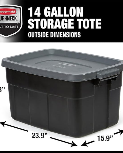 Rubbermaid Heavy Duty Black Storage Bins Plastic Totes with Lids for Storage, Stackable, Large Capacity, Durable, Multipurpose, 14 GAL, 6 Pack (14 GAL - 6 Pack Solid Black and Grey)