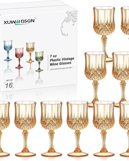 XUWAIDSGN 16 Pcs 7oz Plastic Vintage Wine Glasses Drinking Glasses Unbreakable Wedding Glassware Crystal Water Goblets Reusable Drinkware Vintage Champagne Flutes (16, Amber)