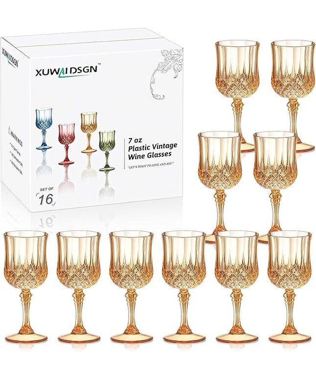 XUWAIDSGN 16 Pcs 7oz Plastic Vintage Wine Glasses Drinking Glasses Unbreakable Wedding Glassware Crystal Water Goblets Reusable Drinkware Vintage Champagne Flutes (16, Amber)