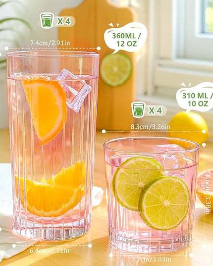 Laerjin Drinking Glasses Set of 8, 12 oz Highball Glasses & 10 oz Cocktail Glasses Set, Glassware Drinking Glasses, Glassware Sets for Cocktail, Beer, Wine, Whiskey, Water & Juice Drinkware(Pink)