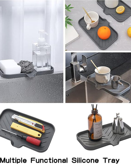 Silicone Bathroom Soap Dishes with Drain Spout-Bathroom and Kitchen Sink Organizer,Sponge Holder,Dish Soap Tray,Perfect for Dispenser,Scrubber,Bottle,Cup on Sink or Counter-Grey 9.6"×5.3"