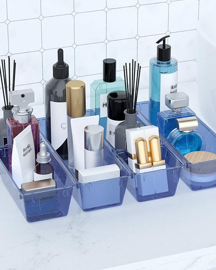 WOWBOX 6 Pack Clear Drawer Organizer Set, Acrylic Drawer Storage Trays, Storage Bins for Makeup, Cosmetics, Jewelries, Utensils, Gadgets, Office, Dark Blue