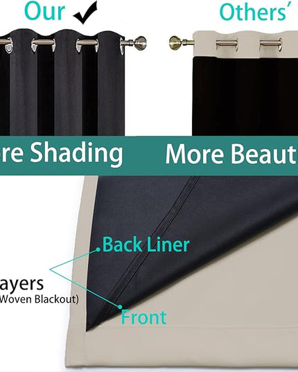 Yakamok 100% Blackout Curtains 84 Inches Long, 2 Thick Layers Heat and Full Light Blocking Soft Thermal Insulated Drapes for Bedroom(62" Wide Each Panel, Natural, 2 Panels)