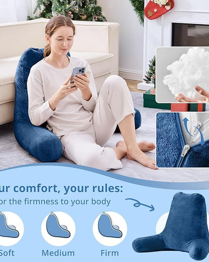Sasttie 25-inch Reading Pillows for Sitting in Bed Adult, Jumbo Velvet Back Pillow Bed Sitting Up, XL High Back-Rest Support Cushion for Sit Up on Couch & Floor, Oeko-Tex Certified, Navy
