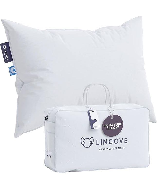 Lincove Signature 100% Canadian White Down Pillow - Luxury Sleeping Pillow for Back, Stomach & Side Sleepers - 800 Fill Power Bed Pillow, 500 Thread Count, Made in Canada, Queen - Soft, 1 Pack