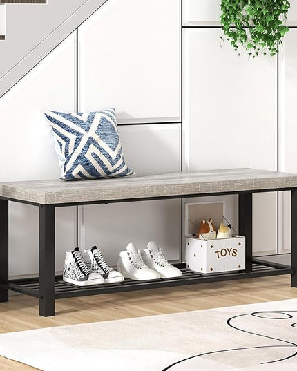 FOLUBAN Entryway Bench, Rustic Wood and Metal Shoe Storage Bench for Hallway Front Door Entrance, Industrial Indoor Bench for Bedroom Living Room, 43.3 Inch Light Grey