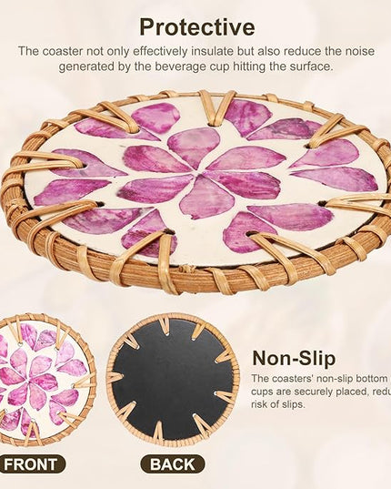 uxcell 2Pcs Handmade Woven Rattan Coasters, Heat-Resistant Drink Coasters for Coffee Table Dining Room Kitchen Coffee Wine Decor, Purple Petal