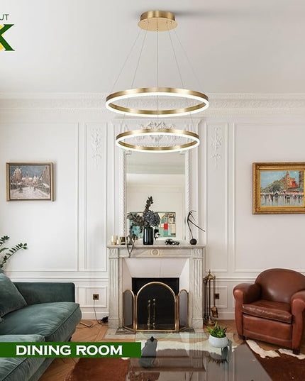 2-Rings Modern LED Chandelier Gold for Dining Room, Circular Flush Mount Ceiling Chandelier Light Dimmable Pendant Light with Remote Control for Living Room Entrance Foyer, 3000K-6500K