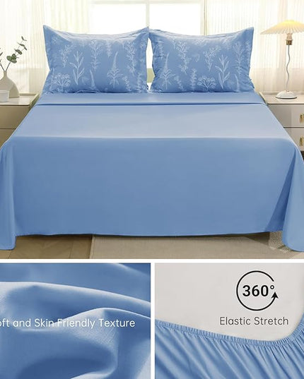 MUXHOMO Ice Blue Bed in a Bag Queen 7 Pieces, Queen Comforter Set Reversible Botanical Flowers Design, Ultra Soft & Breathable Bedding Sets with Comforter, Sheets, Pillowcases & Shams