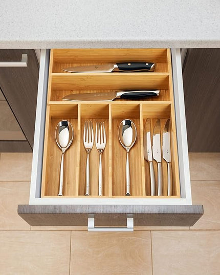 Umilife Kitchen Drawer Organizer, 12 Inch Silverware Utensil Tray Holder, Extra Deep, with Non-Slip Feet & Grooved Drawer Divider, 6 Slots Total Bamboo Wood Caddy for Flatware Cutlery Knives