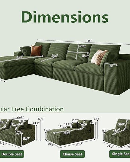 136" Cloud Couch Modular Sectional Sofa for Living Room, L-Shape Boneless Couch with Deep Seat, Modern Corduroy 4-Seater, No Assembly Required (Green,Left-Facing Chaise)