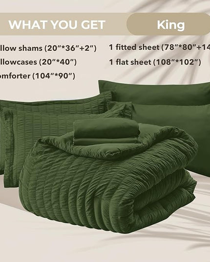 HYMOKEGE Olive Green King Size Comforter Set Seersucker 7 Pieces, All Season Luxury Bed in a Bag for Bedroom, Bedding Set with Comforter, Sheets, Pillowcases & Shams