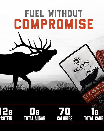 ICON Meats Elk and Pork Snack Sticks, Original, 6 Pack of High Protein Snacks, 4 Meat Sticks per Pack, Low Sugar, Gluten Free, Natural, USDA Inspected, Made in the USA, Gifts or Stocking Stuffers
