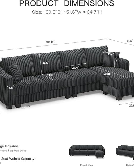 Belffin Sectional Couch with L-Shape Chaise L Shaped Couch with Ottoman Sectional Couches for Living Room Corduroy (Dark Grey, L Shaped)