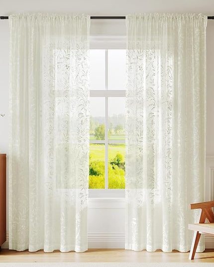 Anmao Cream Semi Sheer Light Filtering Curtains 96 Inches Long 2 Panels, Leaf Pattern Drapes for Living Room Bedroom, Rod Pocket Sheer Window Treatments with Floral Design, 52x96 Inch, Ivory