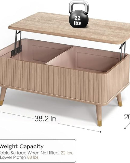 Lift Top Coffee Table with Storage, Mid Century Modern Coffee Table with Solid Wood Legs, 38" Minimalist Fluted Center Table for Living Room, Home Office, Natural Oak