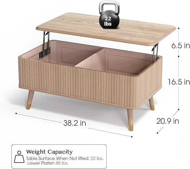 Lift Top Coffee Table with Storage, Mid Century Modern Coffee Table with Solid Wood Legs, 38" Minimalist Fluted Center Table for Living Room, Home Office, Natural Oak
