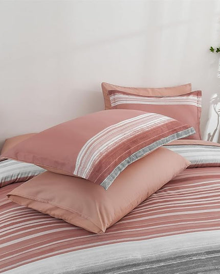 KAKIJUMN 7 Piece Bed in a Bag Stripe Comforter Set Full Size, White Grey Blush Pink Patchwork Striped Comforter and Sheet Set, All Season Soft Microfiber Complete Bedding Sets(Pink,Full)