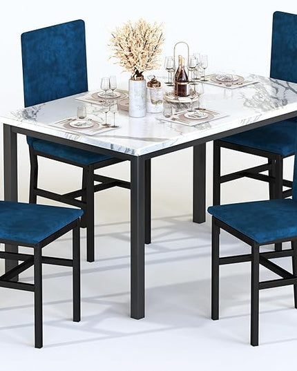 AWQM Dining Table Set for 4, Modern Marble Dining Table Set with 4 Upholstered Velvet Chairs,Dining Room Table Set for Kitchen, Breakfast Nook, Dining Room, White and Blue