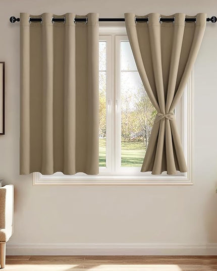JIUZHEN Blackout Curtains with Tiebacks - Thermal Insulated, Light Blocking and Noise Reducing Grommet Curtains for Bedroom and Living Room, Set of 2 Window Curtain Panels, 52 x 45 Inch Length，Camel