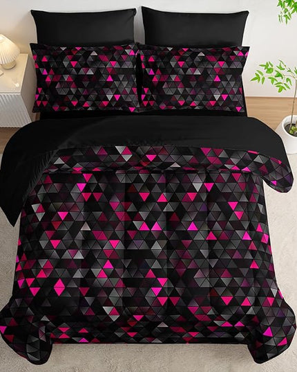 Geometric Pink Black Triangle Queen Size Comforter Set,Light Honeycomb Bedding Set 7 Piece in A Bag,Bed Sheet Set Geometry Decor,Microfiber Lightweight All Season