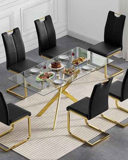 7 Piece Glass Dining Table Set Gold Glass Kitchen Dining Room Table Set for 6, 51" Modern Rectangular Glass Metal Dining Table with 6 Black Leather Dining Chairs for Kitchen Dining Room