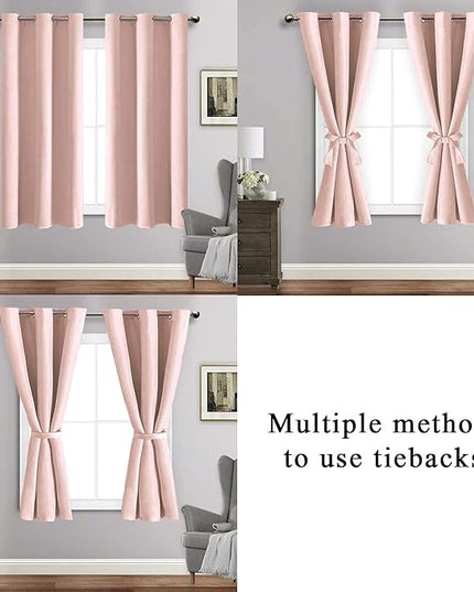 JIUZHEN Blackout Curtains with Tiebacks - Thermal Insulated, Light Blocking and Noise Reducing Grommet Curtain Drapes for Bedroom and Living Room, Set of 2 Panels, 42 x 45 Inch Length, Blush Pink