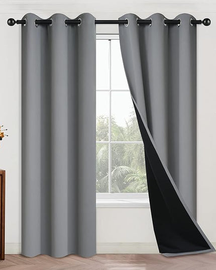 Yakamok 84 Inch Length 100% Blackout Curtains for Bedroom, 2 Thick Layers Thermal Insulated Grommet Total Blackout Drapes with Black Liner for Living Room (42Wx84L,Grey, 2 Panels)