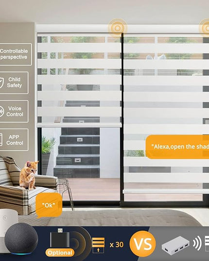 Motorized Blinds with Remote, Cordless Automatic Zebra Shades, Smart Blind for Windows, White, 34 x 72
