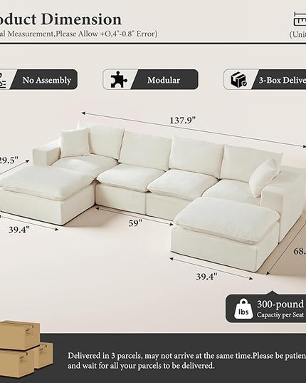 108" Sectional Couches for Living Room Boneless Couch Upholstered Cloud Couch Sectional Modular Sectional Sofa with L Shaped (Chenille-White, 4 Seat+2 Ottoman)