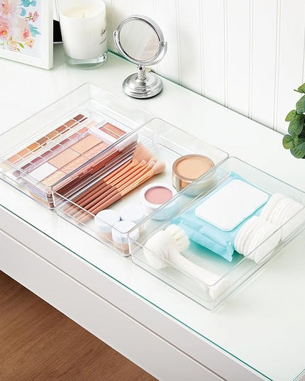 STORi SimpleSort 3-Piece Stackable Clear Drawer Organizer Set | 9" x 6" x 2" Rectangle Trays | Wide Makeup Vanity Storage Bins and Office Desk Drawer Dividers | Made in USA