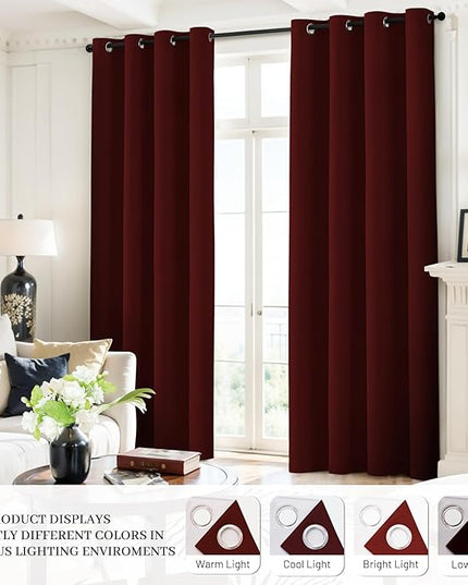 Yakamok Room Darkening 100% Blackout Curtains Grommet Window Treatments with 2 Thick Layers-Burgundy Red Thermal Insulated Drapes Set of 2 Panels for Bedroom Living Room 52 Inches by 63 Inches Length