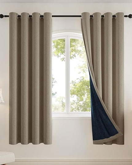 100% Blackout Curtains for Bedroom, Thermal Insulated Curtains 63 Inch Length Curtain 2 Panels, Soft Farmhouse Linen-Look Textured Full Light Blocking Room Darkening Drapes, W52xL63, Taupe