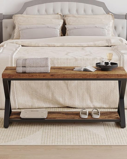 IBF Wooden Bench Indoor, Wood Entry Way Bench with Shoe Storage Rack for Entryway, Industrial Entryway Bench Seat for Foyer Bedroom Living Room Entrance Organization, Rustic Brown Oak, 39 Inch Long