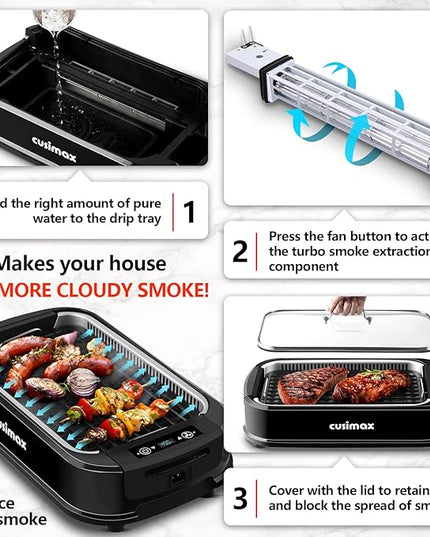 CUSIMAX Indoor Grill, Electric Smokeless Grill, 1500W Korean BBQ Grill, Electric Griddle with LED Smart Display & Tempered Glass Lid, Non-stick Removable Plate & Griddle Plate, Black
