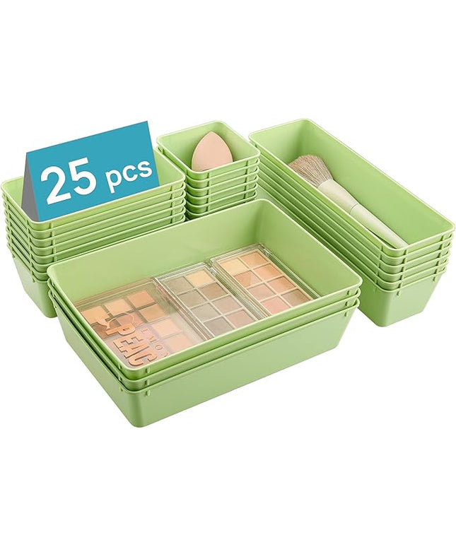 Vtopmart 25 PCS Plastic Drawer Organizers Set, 4-Size Versatile Bathroom and Vanity Drawer Organizer Trays, Storage Bins for Makeup, Bedroom, Kitchen Gadgets Utensils and Office