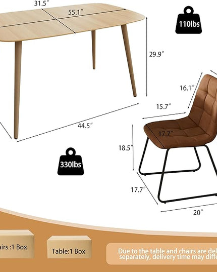 Modern 4-Piece Dining Table Set for 4 | 55-Inch Wood Kitchen Table & 4 Brown Leather Chairs | Space-Saving Dining Set for Small Spaces, Breakfast Nook, Dining Room