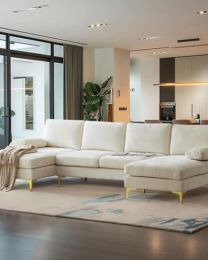 VINGLI 110" Large U-Shape Sectional Sofa Couch with 51" D Double Chaise for Living Room, Modern Sectional Couch Set with Soft 5.9" Thickness Seating Padding, Chenille Fabric,Metal Gold Legs(Beige)