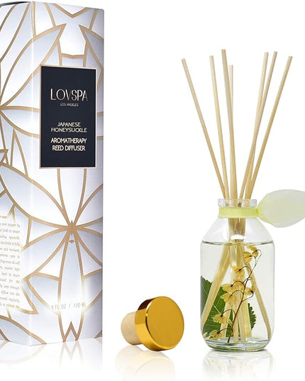 LOVSPA Reed Diffuser Set, Japanese Honeysuckle Scented Oil Diffuser with Sticks, Home Fragrance Accessories for Bathroom Shelf Decor, Aroma Diffusers for Home or Office Desk, USA Made