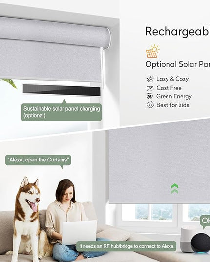 ZSHINE Motorized Blackout Window Blinds Customize Width Remote Control Rechargeable Motor Roller Shades for Windows, Home, Office, Hotel, Club, Restaurant(82026E)