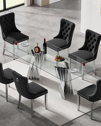70'' Tempered Glass Top Dining Table With Mirrored Silver Stainless Steel Base for 4-8, Modern Rectangular Design for Dining Room and Living Room