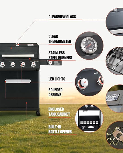 Monument Grills 4+1 Outdoor Barbecue Stainless Steel 4 Burners & 1 Side Burner Propane Gas Grill, 52,000 BTU Patio Garden Barbecue Grill with Knob Controls, Mesa425, Black