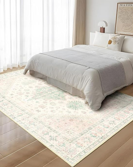 MUJOO 5x7 Area Rugs Washable,Boho Rug for Living Room Bedroom Dining Room Office,Large Throw Carpet,Non Slip Big Soft Indoor Low Pile Light Pink and Green
