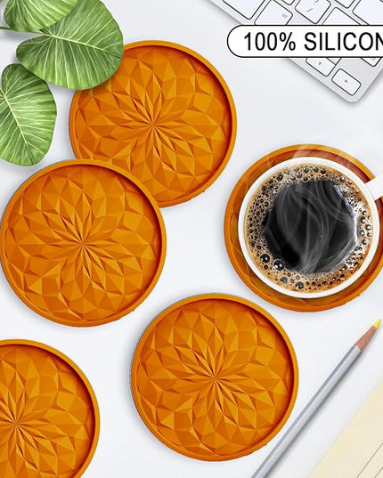 ME.FAN Silicone Coasters with Holder,[6 Pack] Drinking Coasters - Cup Mat for Hot or Cold Drinks, Thickened, Non-Slip, Non-stick,Deep Tray Orange