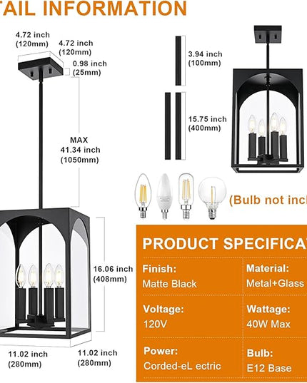 VINLUZ Large Outdoor Indoor Pendant Light 4-Light, Classic Black Finish Metal Chandelier Outside Hanging Fixture Ceiling Mount with Clear Glass Shade for Front Porch Entrance Foyer